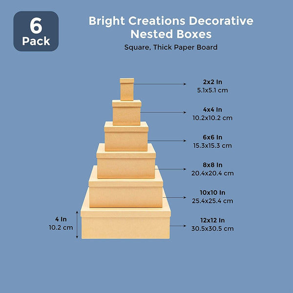 Bright Creations 6-Pack Decorative Nested Boxes with Lids, Assorted Sizes,  Square Nesting Gift Box, Large to Small, Thick Paper Board, Stackable Gift