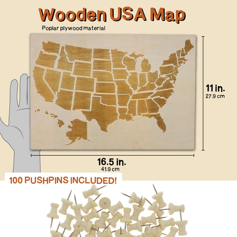 Wooden Cork Board Travel Map with 100 Decorative Push Pins (16.5 x 11.5 In)
