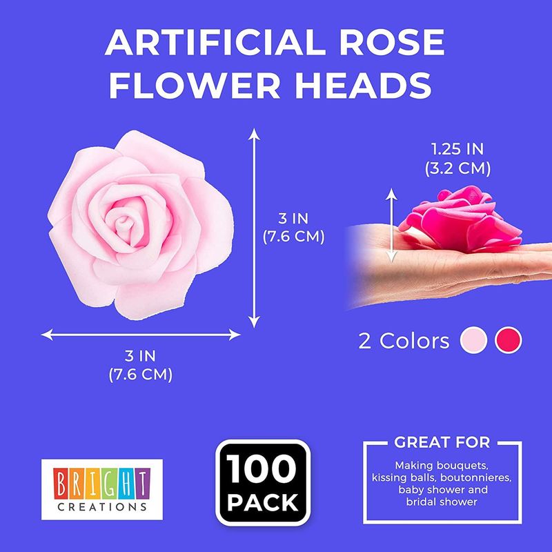 Pink Artificial Rose Flower Heads for Decorations (3 x 1.25 in, 3 Colors, 100 Pack)