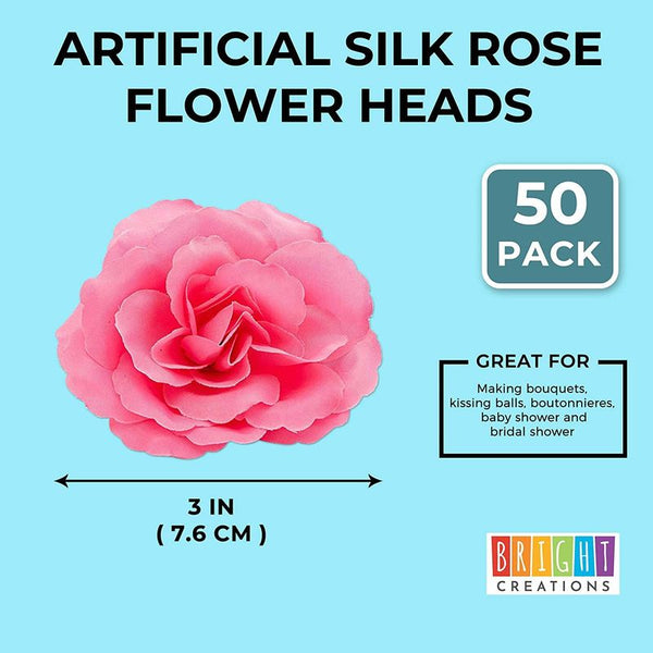 Silk Pink Rose Flower Heads for Decorations (3 in, 50 Pack)