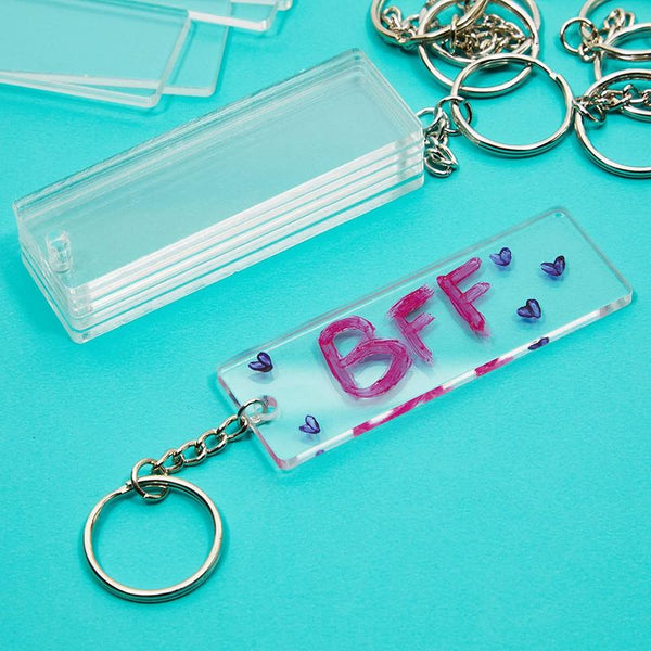 10 Acrylic Keychain Blanks, Clear DIY Rectangles, 10 Rings (3 in