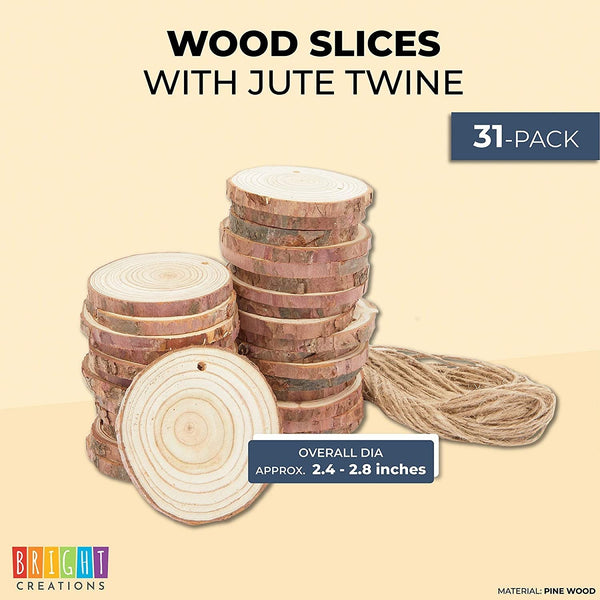 Natural Wood Slices, Predrilled with 33 Feet of Twine (3.5-4 in