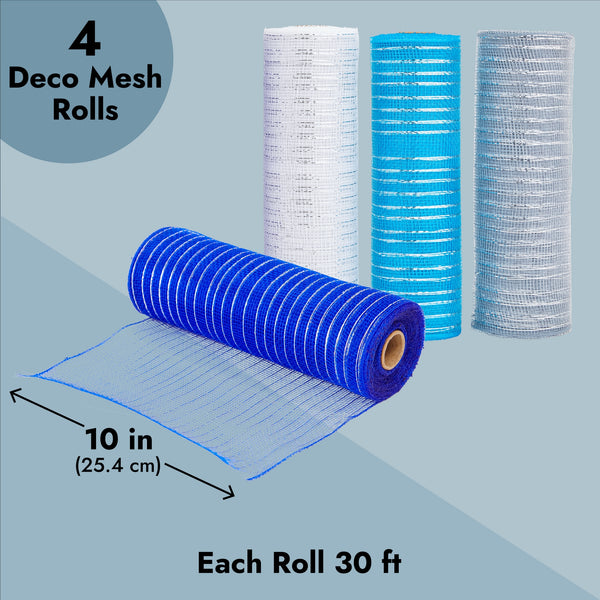 4Pack Deco Mesh Ribbon Rolls, 10 in x 30 ft Craft Mesh for Wreaths, C