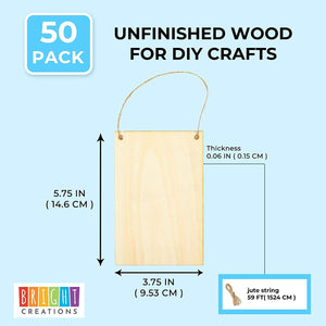 50 Pack Unfinished Wood Plaque Blanks with Jute String for Crafts, DIY Party Banners, Wooden Pennants, Blank Wooden Signs for Crafts, Art Projects (3.75 x 5.75 In)