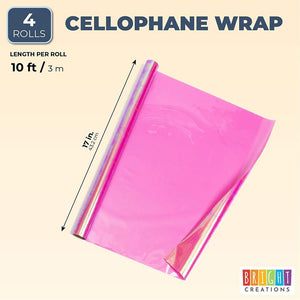 Clear Pink Cellophane Wrap Roll, 17 Inches x 10 Feet (4 Rolls)