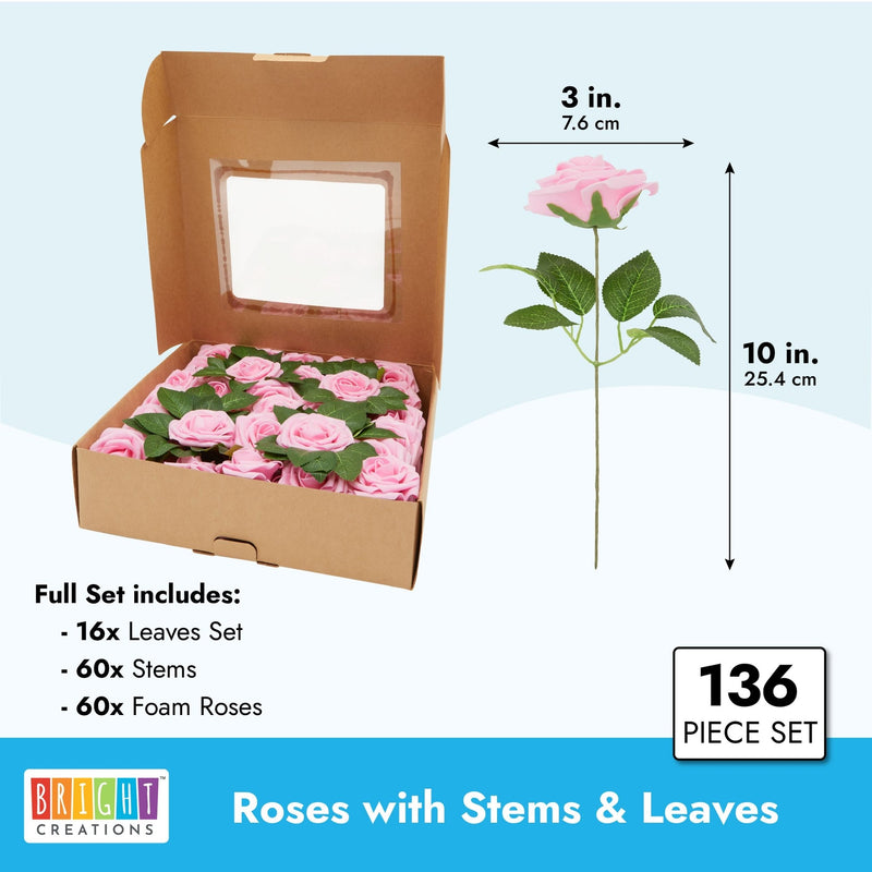 136-Piece Artificial Flowers Crafting Kit with 60 3-Inch Foam Roses, 60 Stems, and 16 Plastic Leaf Bundles for Table Centerpieces, Faux Floral Arrangements, and Fake Bouquets (Pink)