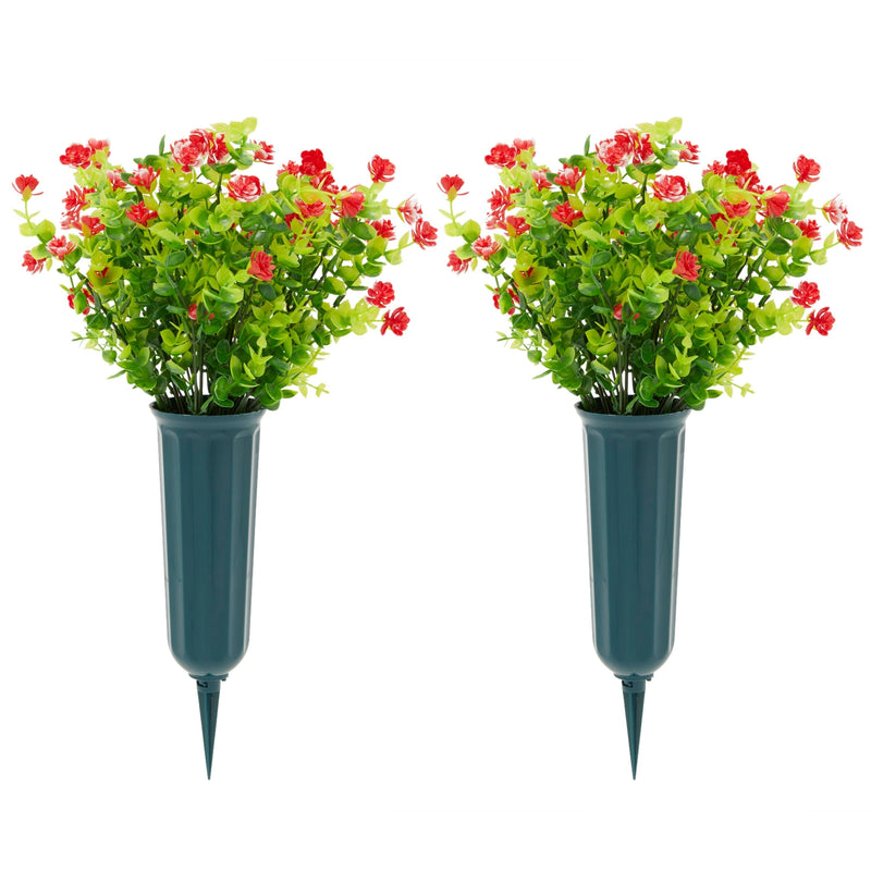 Red Artificial Flowers for Cemetery with 2 Cone Vases, Small Bouquets for Grave Decorations (8.6 x 13 Inches, 6 Bundles)