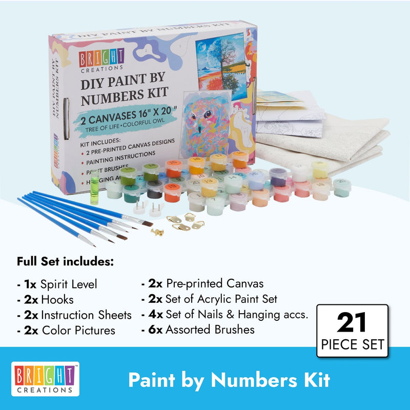 21 Pieces Set DIY Paint by Numbers Kit for Adults Beginner with Acrylic Paint, Brushes & Hooks, Tree of Life, Owl, 16 x 20 in.