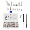 150-Piece Silver Spikes and Studs Set, 13 Assorted Shapes with Screws, Phillips Screwdriver, Hole Punch Tool, and Plastic Storage Case for Crafts and Clothing Decorations