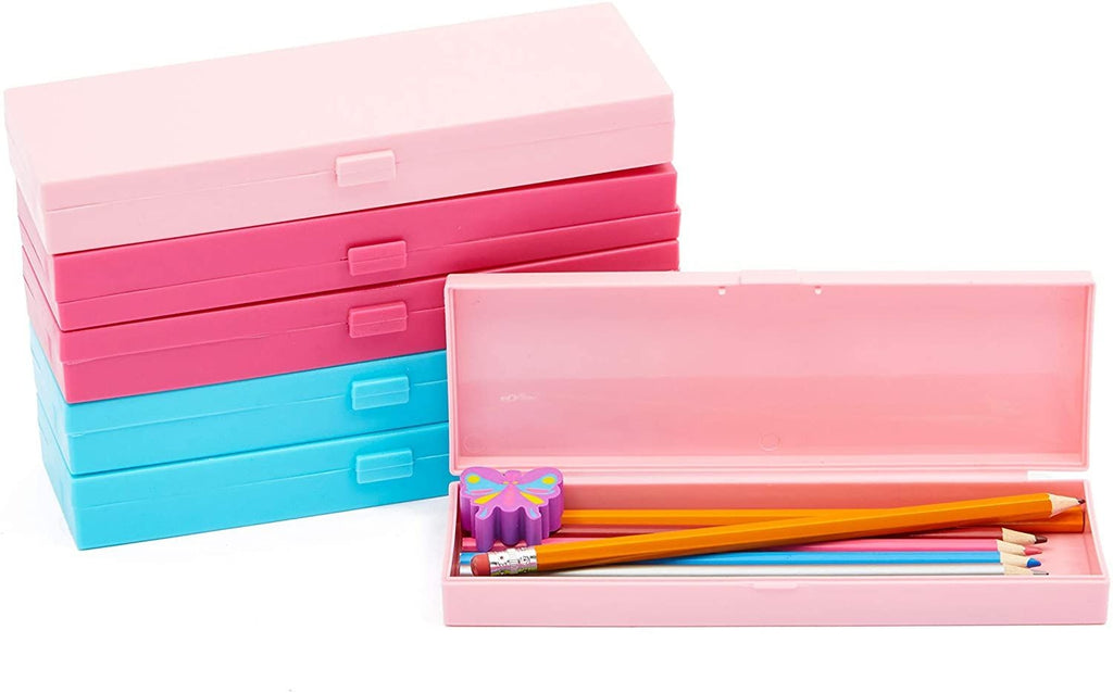 6 Pack Plastic Pencil Pen Box with Hinged Lid and Snap Closure for Pencils and Pens