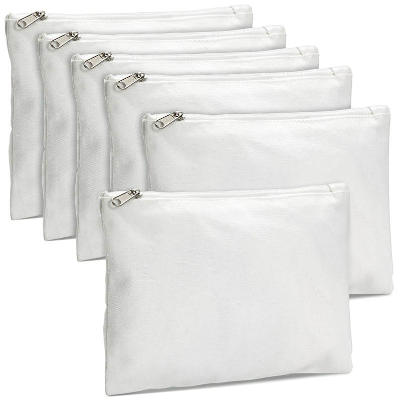 6-Pack White Makeup Bag Set with Zipper, Customizable Canvas Pouches for DIY Arts and Crafts, Items to Tie-Dye for Cosmetic Items, Stationary, Party Favors (8x6 in)