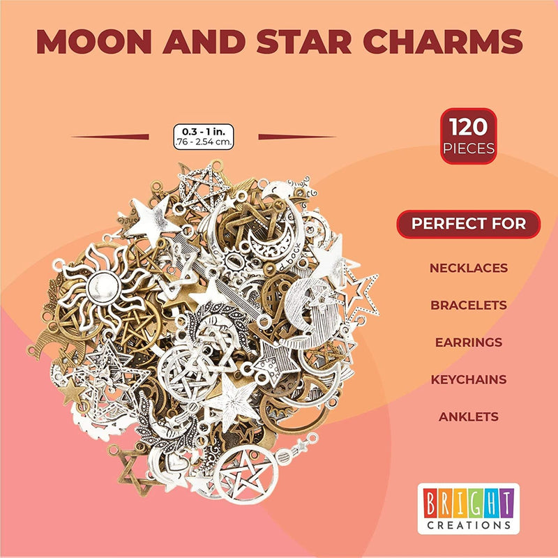 Bright Creations Moon and Star Charms for Jewelry Making (2 Colors, 120 Pieces)