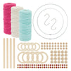 121 Piece Macrame Kit for Beginners, 3 Rolls 3mm Cotton Cord, Wood Beads, Rings, Sticks, Metal Rings, S Hooks (Pink, Blue, White, 328 Yards Total)