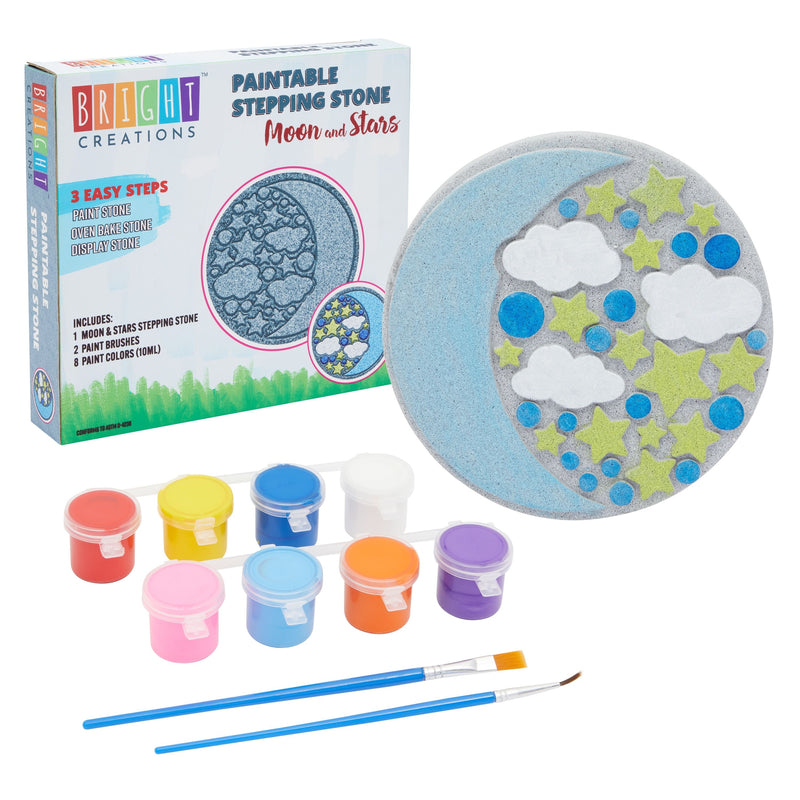11-Piece 10-Inch Paint-Your-Own Moon and Stars Stepping Stone Kit with 1 Moon and Stars Stone, 8 Paint Pots with 10ml Acrylic Paint Each, and 2 Paint Brushes for Yard Walkway Decorations