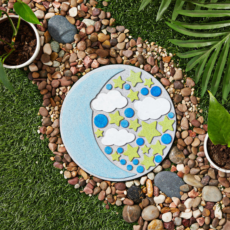 11-Piece 10-Inch Paint-Your-Own Moon and Stars Stepping Stone Kit with 1 Moon and Stars Stone, 8 Paint Pots with 10ml Acrylic Paint Each, and 2 Paint Brushes for Yard Walkway Decorations