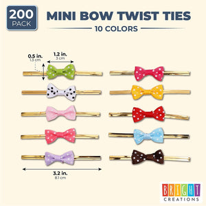 Mini Ribbon Bow Twist Ties for Treat Bags (10 Colors, 200 Pack)