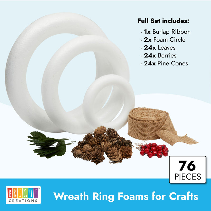 Craft Foam DIY Wreath Forms, Pinecones, Berries, Leaves, Burlap Ribbon (3 Sizes, 76 Pieces)