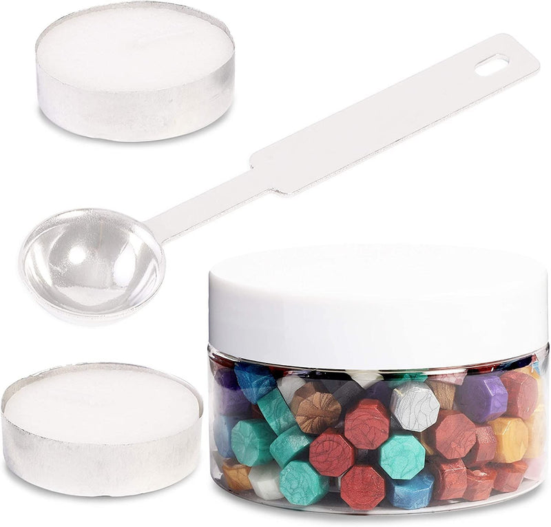 Octagon Wax Sealing Bead Kit with Tea Candles and Spoon (10 Colors, 203 Pieces)