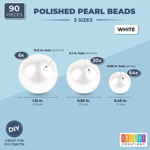 White Polished Pearl Beads for DIY Jewelry Making, Vase Fillers (3 Sizes, 90 Pieces)