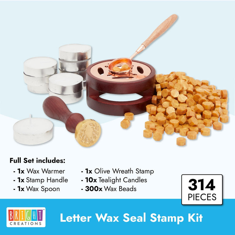 Olive Wreath Letter Wax Seal Stamp Kit with Beads, Handles, Warmer, Melting Spoon