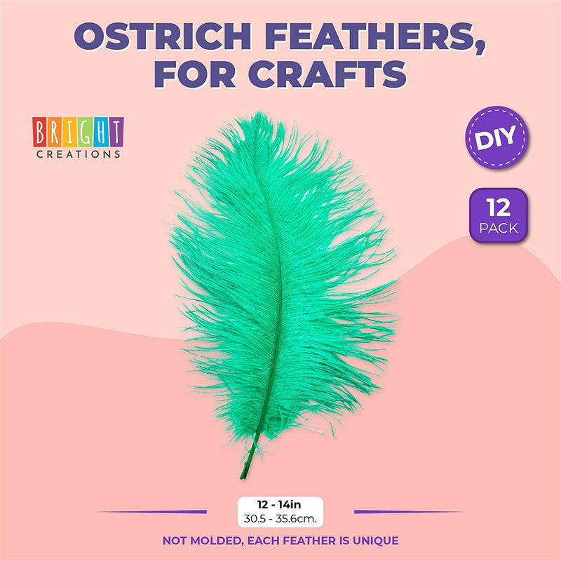 12-Pack Ostrich Feathers, Artificial Feather Plumes for Arts and Crafts, Faux Bird Plumage Trim for Costume and Outfit Decorations, 12-14-Inch Quills for Home Decor (Green)