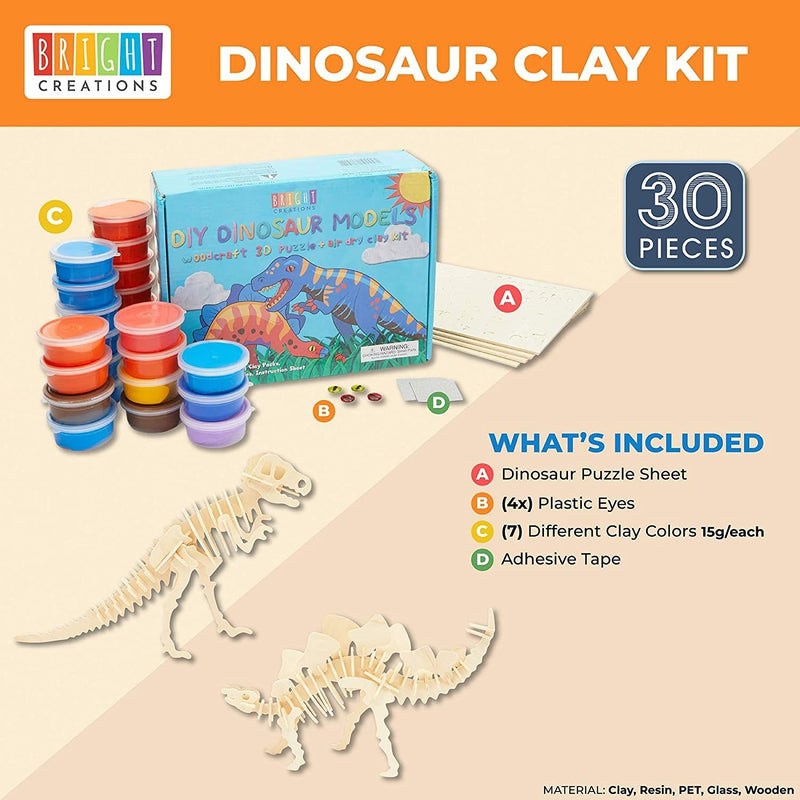 30 Pieces Air Dry Modeling Clay Craft Kit for Kids with Puzzle Sheet, Dinosaur T-Rex Stegosaurus
