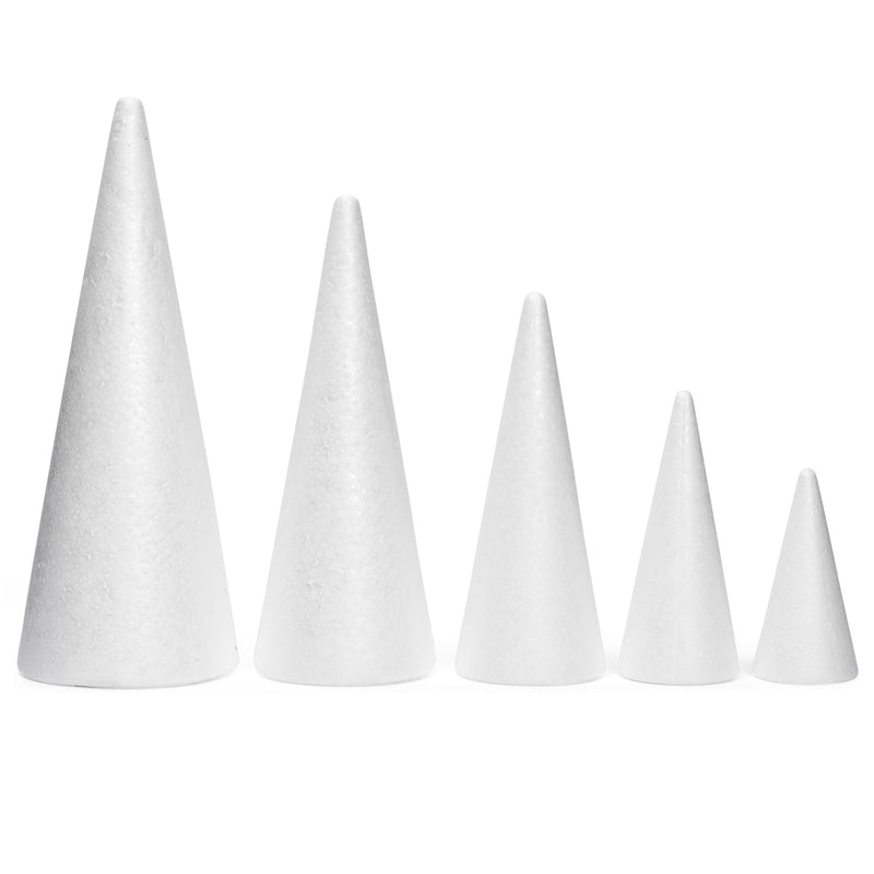 18 Pack Foam Cones for Crafts, 5 Assorted Sizes for Trees, Holiday Decorations, Handmade Gnomes (White, 4,6,8,10,12")