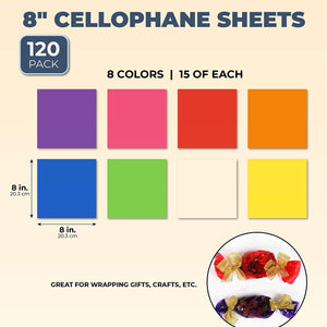 120 Pack Colored Cellophane Wrap Sheets for Gift Baskets, DIY Crafts, 8 Rainbow Colors (8 In)