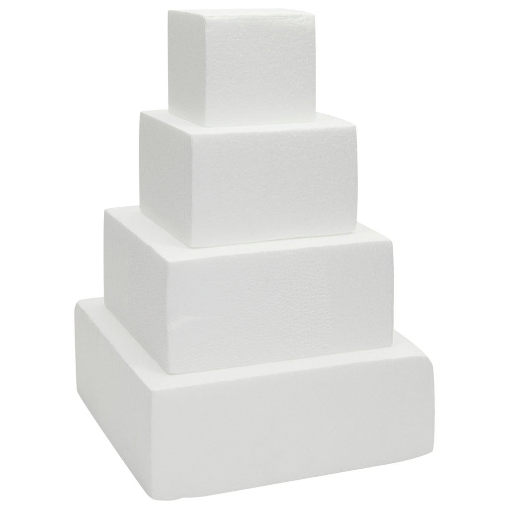 Square Foam Cake Dummy for Decorating and Wedding Display, 4 Tiers of 4" 6" 8" 10" Dummies (14.4 Inches Tall)