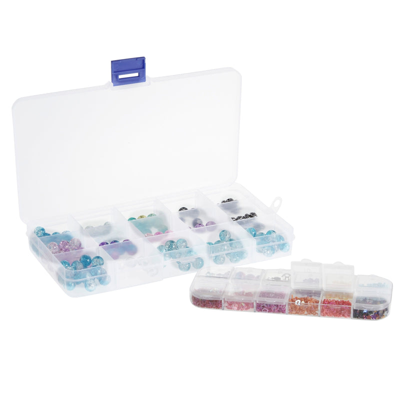 Clear Plastic Jewelry Box Organizer with 216 Label Stickers, Divided Grid Storage Containers for Beads (3 Asst. Sizes with 10,12,15 Grids, 9 Piece Set)