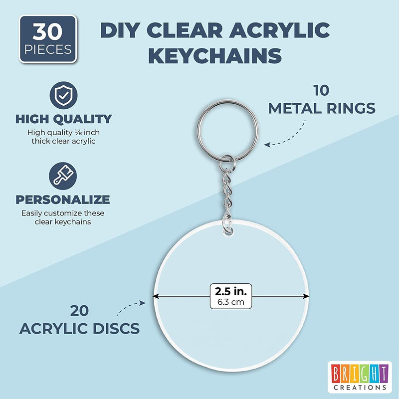 20-Pack 2.5-Inch Clear Round Acrylic Keychain Blanks, 1/8-Inch Thick Plastic Circles with 10 Metal Chains, Rings, and Clasps for Custom Keychains, Christmas Tree Ornaments, Crafting and Art Supplies