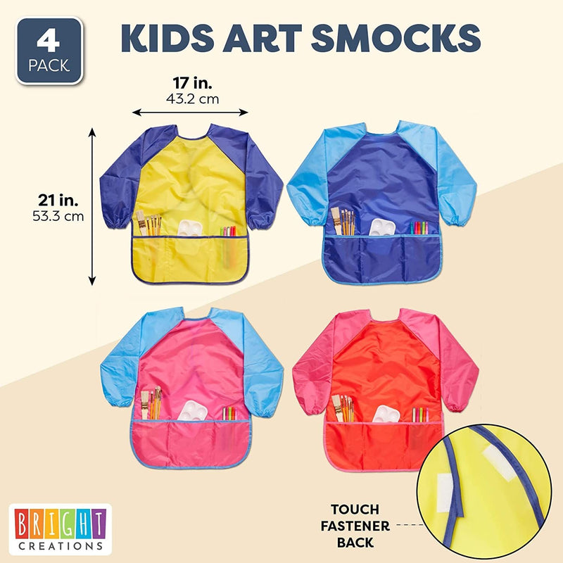 Kids Art Smocks, Waterproof Aprons with 3 Pockets for Painting, Ages 3-8 (4 Pack)