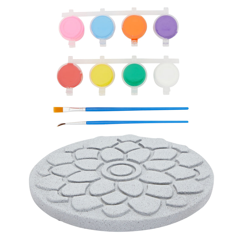 11-Piece 10-Inch Paint-Your-Own Flower Stepping Stone Kit with 1 Flower Stone, 8 Paint Pots with 10ml Acrylic Paint Each, and 2 Paint Brushes for Yard Walkway Decorations