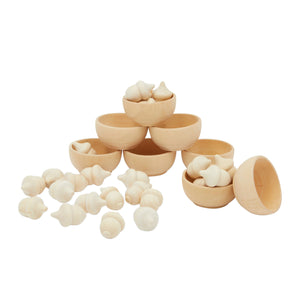 32 Pcs Unfinished Acorn Wood Pieces with Bowls, Sorting and Counting Toys