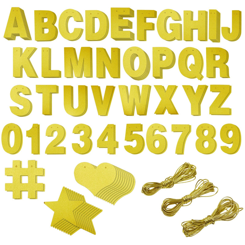 130-Piece DIY Gold Glitter Make Your Own Banner Kit with Letters, Numbers, Symbols, and String for Birthdays, Weddings, and Party Supplies Decor (5-Inch Letters)