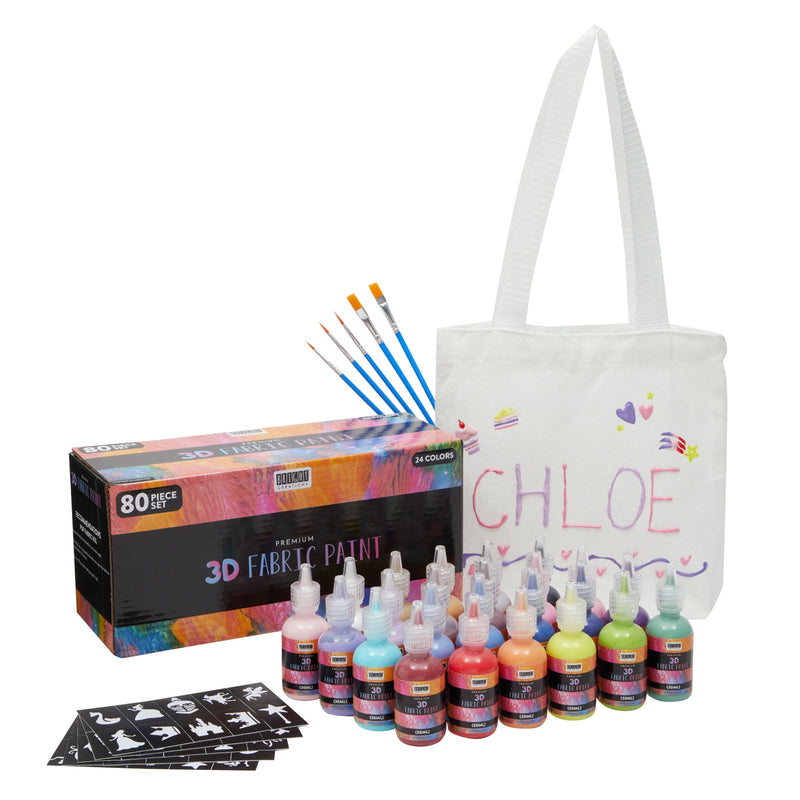Permanent 3D Fabric Paint Set with 24 Colors (30ml), 5 Brushes, Canvas Bag, 5 Sticker Stencils Sheets for Ceramic, Wood, Glass
