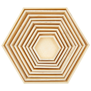 Set of 9 Unfinished Wooden Floating Hexagon Shelves for Wall (9 Sizes)