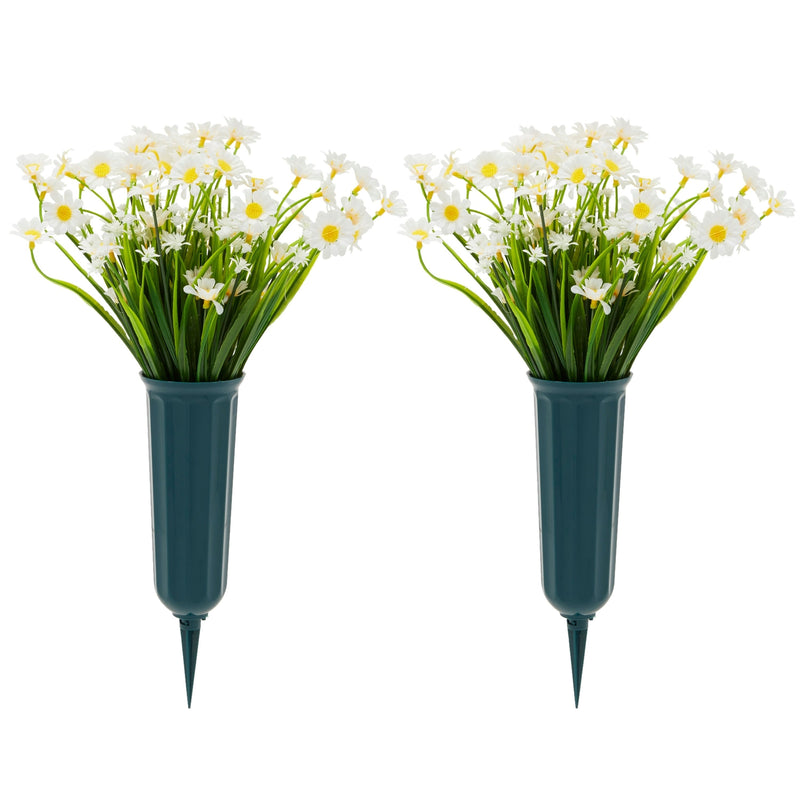 White Artificial Flowers for Cemetery with 2 Cone Vases, Small Bouquets for Grave Decorations (8.6 x 13 Inches, 6 Bundles)