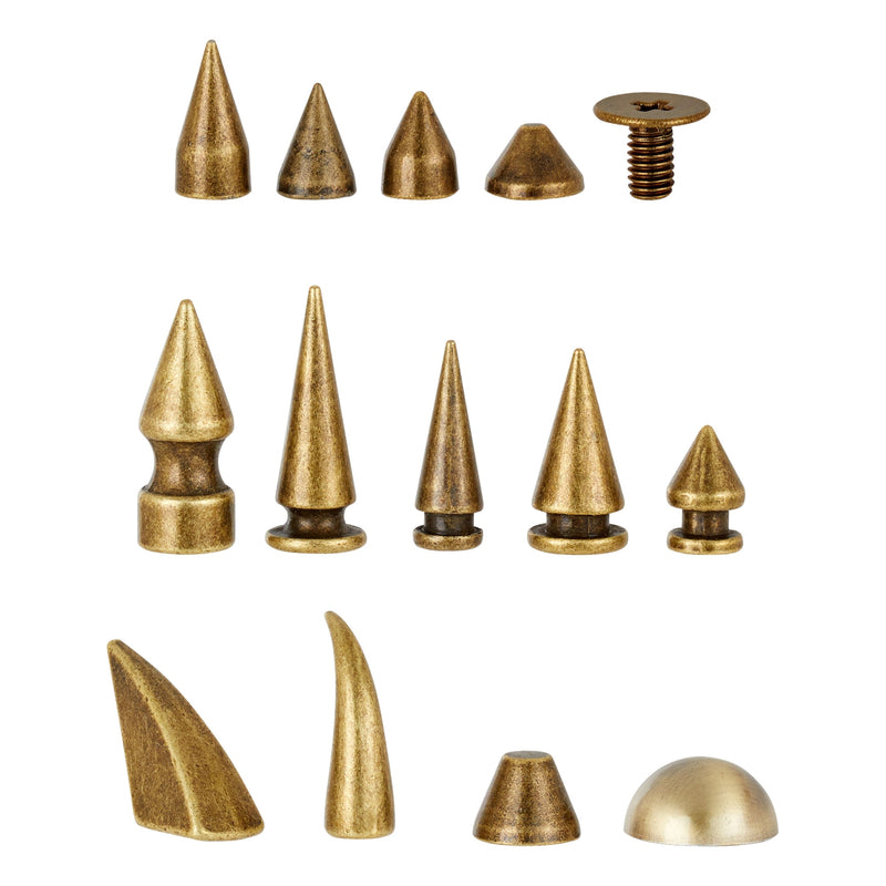 150-Piece Bronze Spikes and Studs Set, 13 Assorted Shapes with Screws, Phillips Screwdriver, Hole Punch Tool, and Plastic Storage Case for Crafts and Clothing Decorations