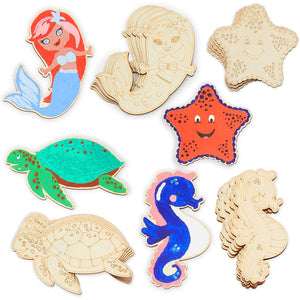24 Pieces Unfinished Sea Creatures Wood Cutouts for Crafts, Wooden Ocean Animals (Turtle, Seahorse, Starfish, Mermaid)
