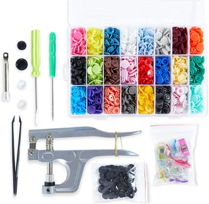 Plastic Size 20 (T5) Snap Button Kit with Pliers, Clips, Tools, Box (375 Pairs)