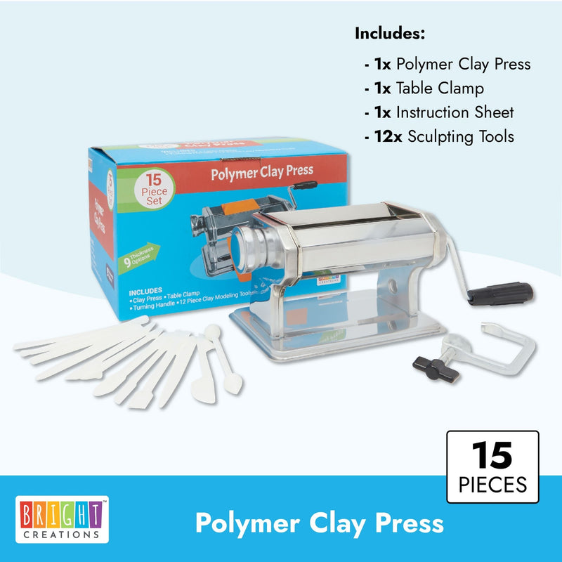 Polymer Clay Press with 9 Thickness Options, Clamp, 12 Modeling Tools (15 Pieces)