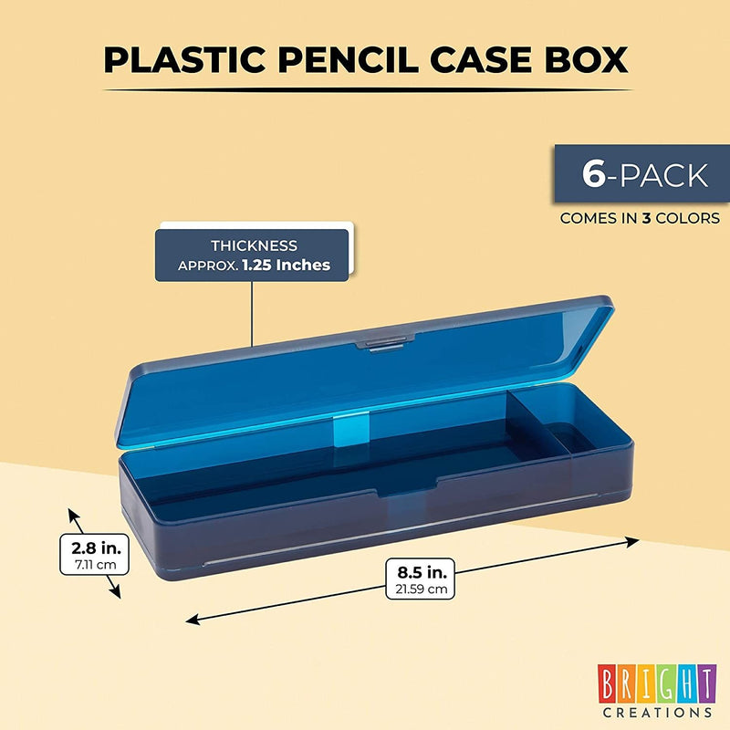 6 Pack Plastic Pencil Box Case with Slots, Clear Pen Container for Organizing, Office Use, 3 Colors