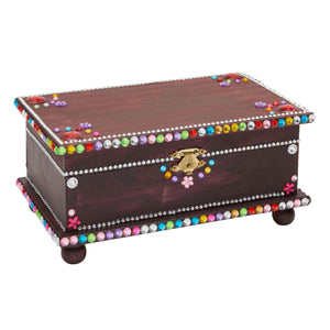 1 Unfinished Wooden Box with Gold Clasp, 3 Acrylic Paint Tubes, 2 Brushes, and 3 Rhinestone Sticker Sheets