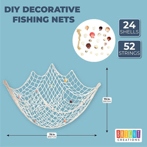DIY Decorative Fishing Net, 24 Sea Shells, 52 Strings (79 x 79 in, 77 Pieces)