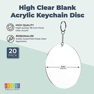 20-Pack 4-Inch Clear Round Acrylic Keychain Blanks, 1/8-Inch Thick Plastic Circles with 10 Metal Chains, Rings, and Clasps for Custom Keychains, Christmas Tree Ornaments, Crafting and Art Supplies