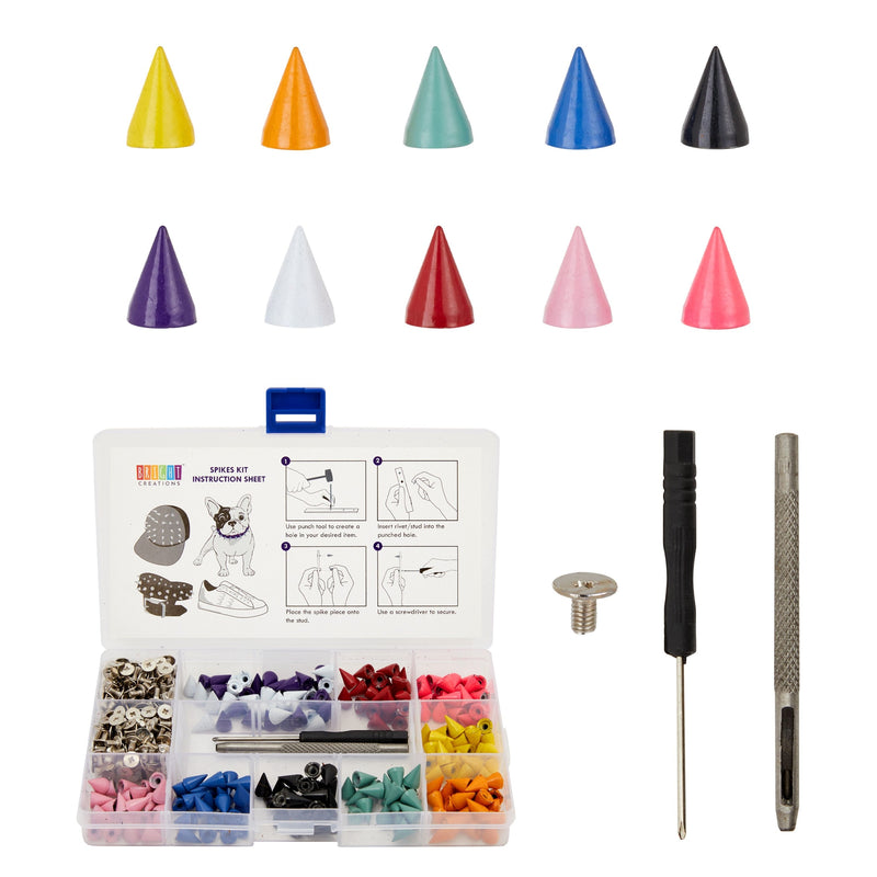 230 Piece Set Colorful Spikes and Studs for Crafts and Clothing with Tools and Grid Storage Box (7x10mm, 10 Colors)