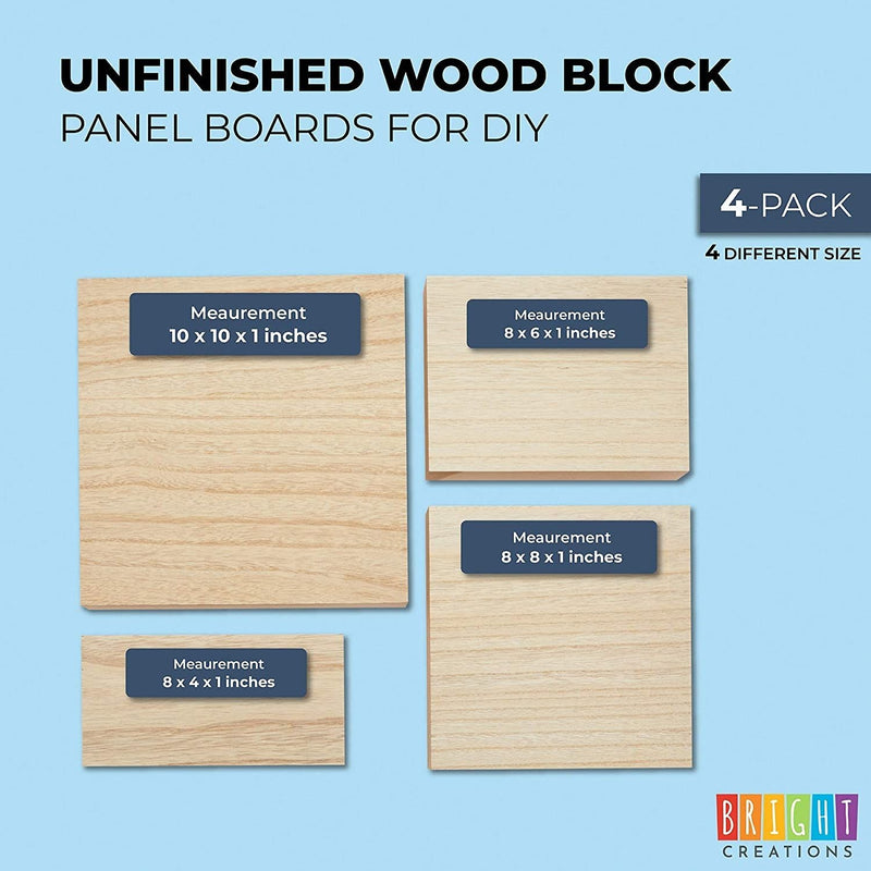 Unfinished Wood Blocks for DIY Crafts, Painting, Pyrography, 1 Inch Thick (4 Sizes, 4 Pack)