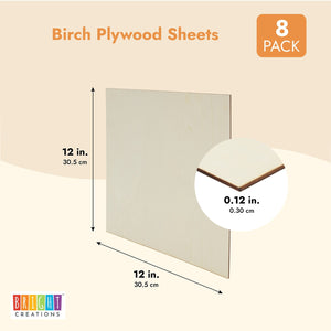 8-Pack 12x12 Wood Panels, Thin Plywood for Crafts, Painting, DIY, Art Projects, Engraving, 3 mm Birch Plywood Boards, Unfinished Wooden Signs (0.12 in Thickness)