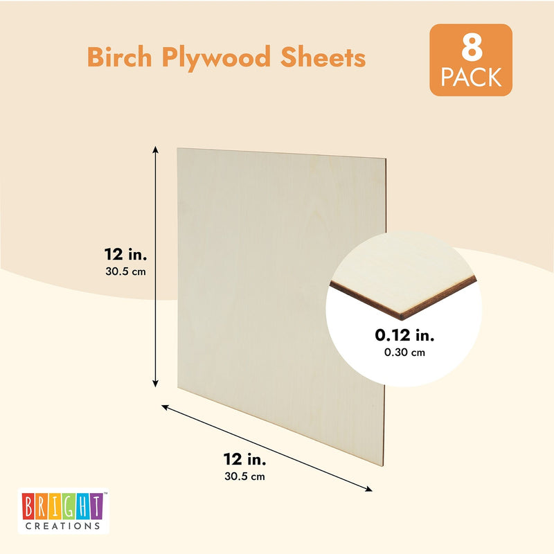 8-Pack 12x12 Wood Panels, Thin Plywood for Crafts, Painting, DIY, Art Projects, Engraving, 3 mm Birch Plywood Boards, Unfinished Wooden Signs (0.12 in Thickness)